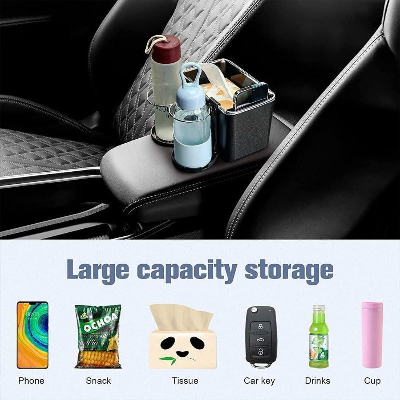 Armrest Organizer with Twin Fold-Flat Cup Holders