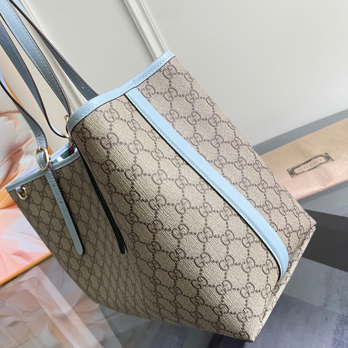 Gi Emblem Maxi Tote Bag Beige Monogram Coated Fabric