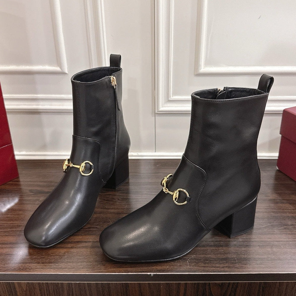 Gi Horsebit Chunky Heel Ankle Boots With Calfskin