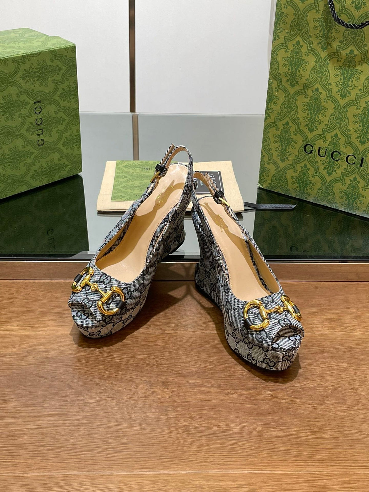 Gi WEDGE PLATFORM IN CAMEL BROWN MONOGRAM JACQUARD FABRIC