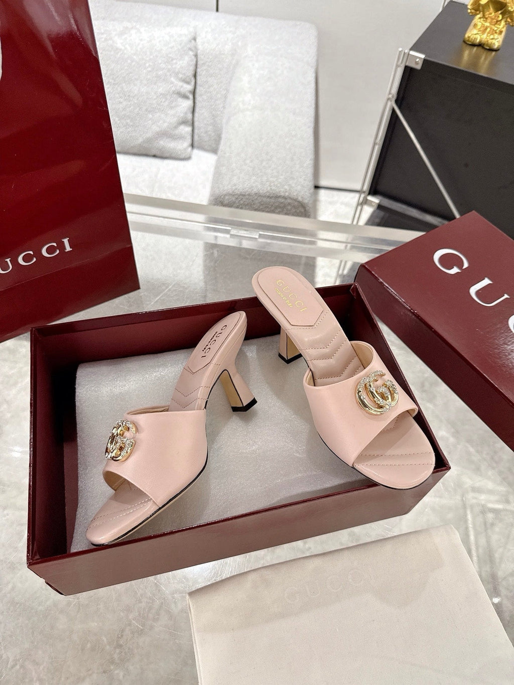 GC 2025 Double G High Heel Sandals Sheepskin