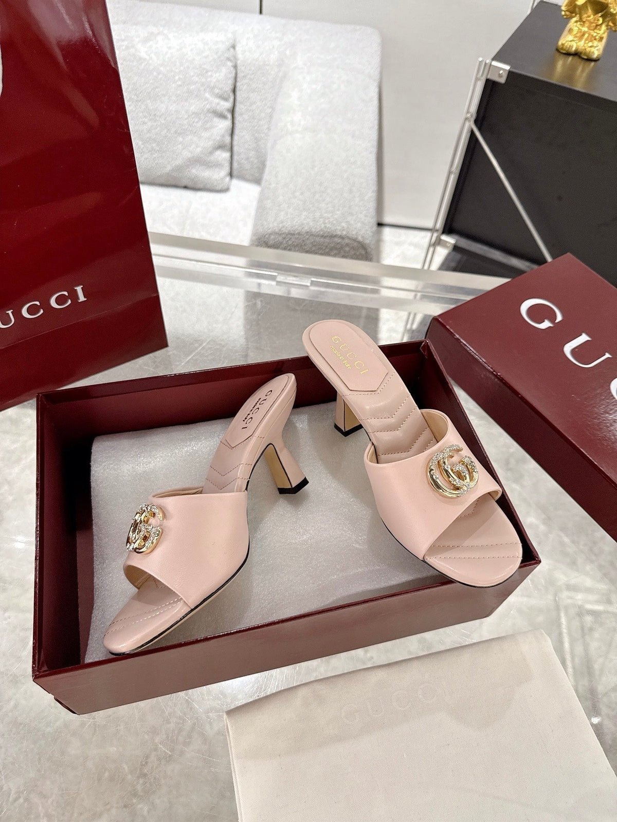 GC 2025 Double G High Heel Sandals Sheepskin