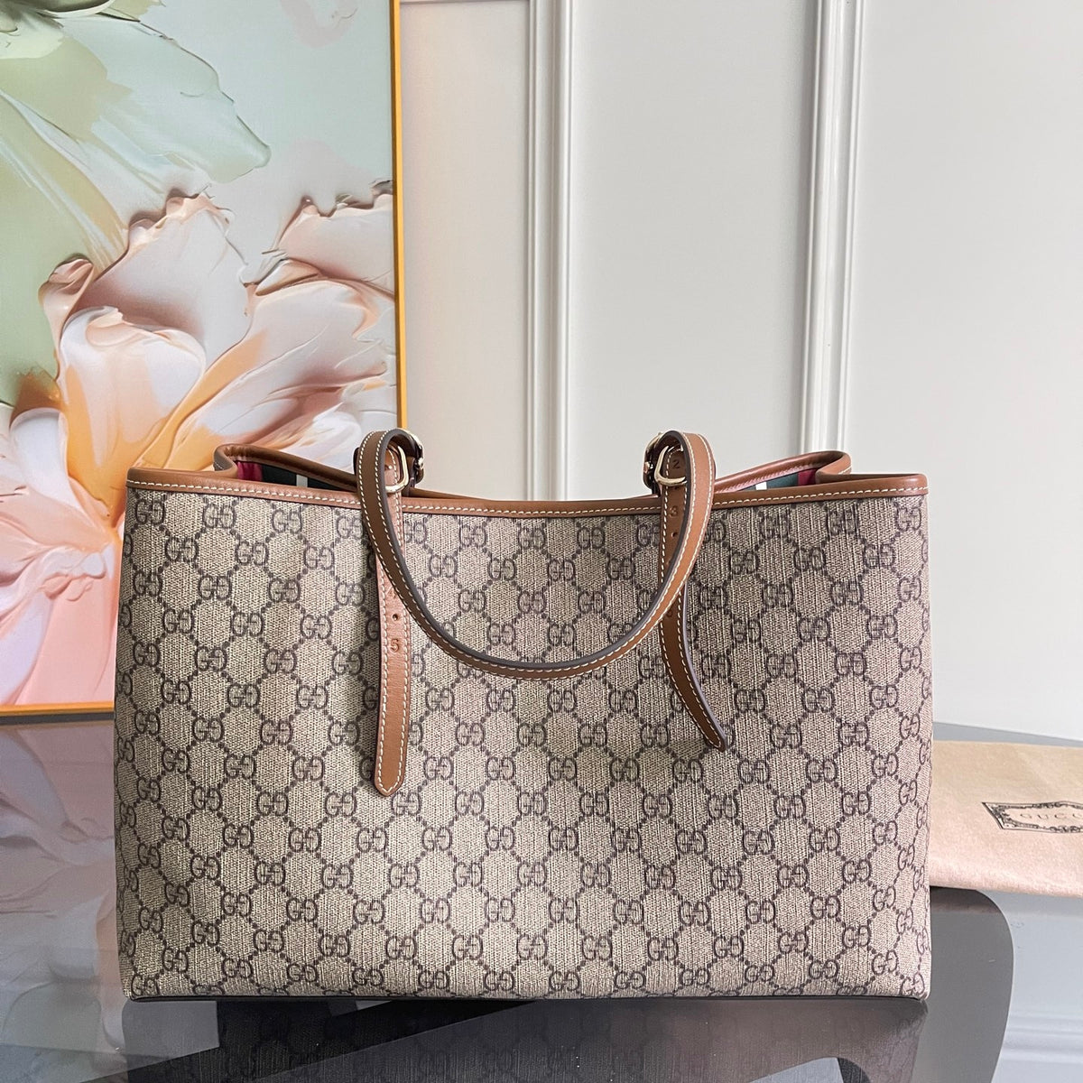 Gi Emblem Maxi Tote Bag Beige Monogram Coated Fabric