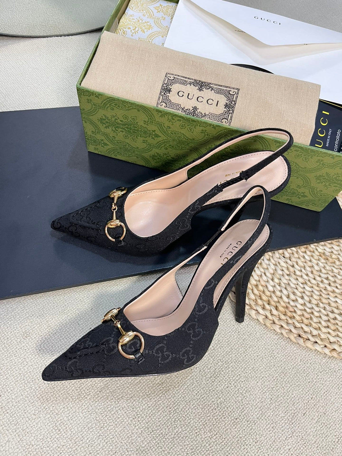 GC Horsebit Slingback Pump 100mm Canvas Sheepskin