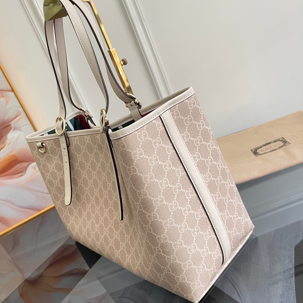 Gi Emblem Maxi Tote Bag Beige Monogram Coated Fabric