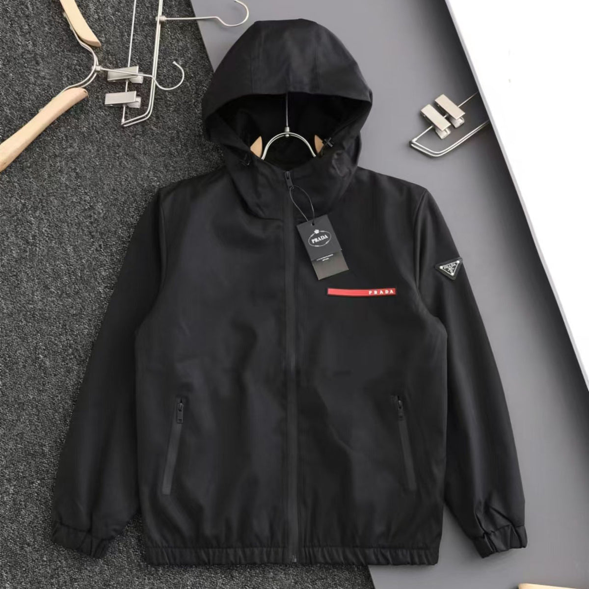 PR Triangular logo red tape hooded jacket 1824100701