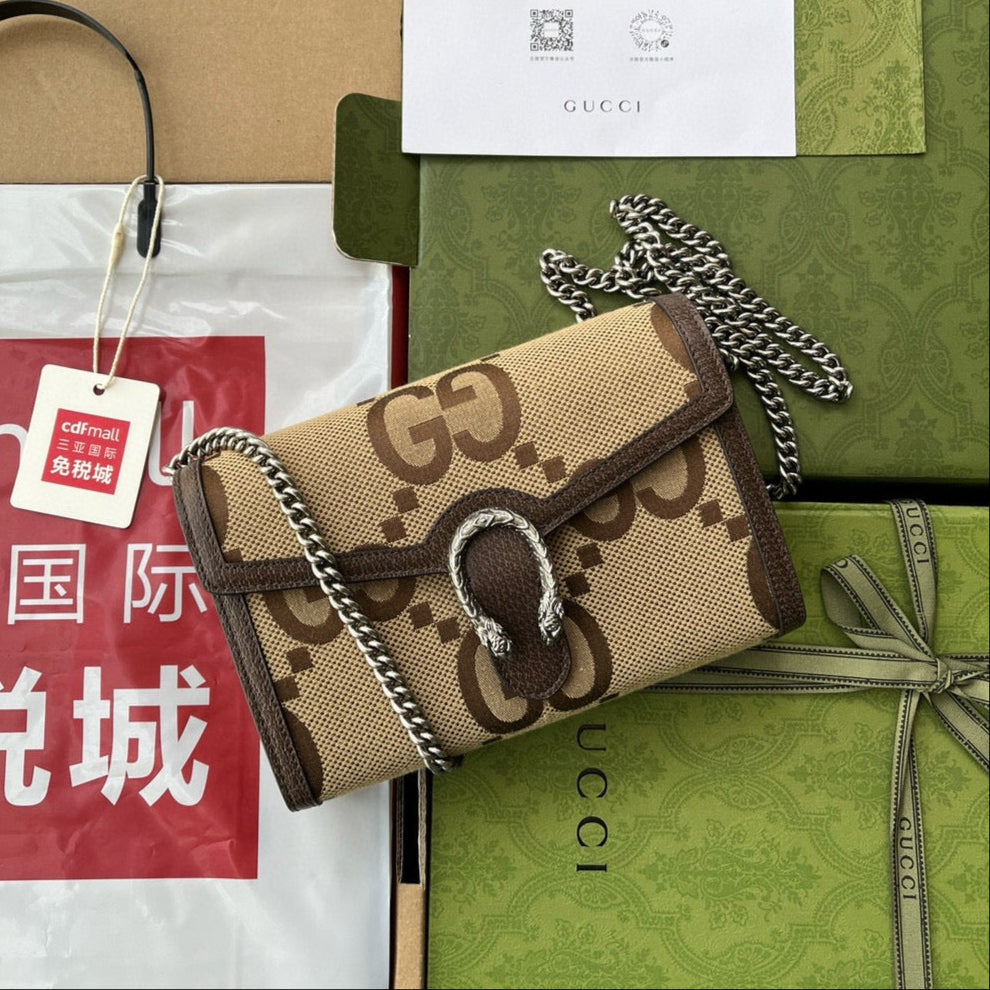Gi Jumbo Dionysus Wallet On Chain Brown Canvas and GG Original Leather