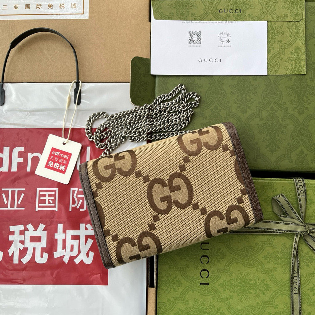 Gi Jumbo Dionysus Wallet On Chain Brown Canvas and GG Original Leather