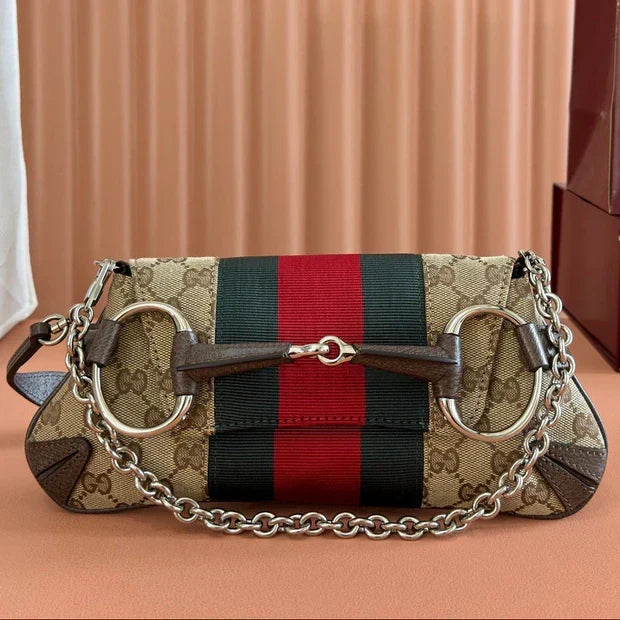 Gi 2026 Horsebit Chain Shoulder Bag 27cm Beige Red Green Canvas Leather