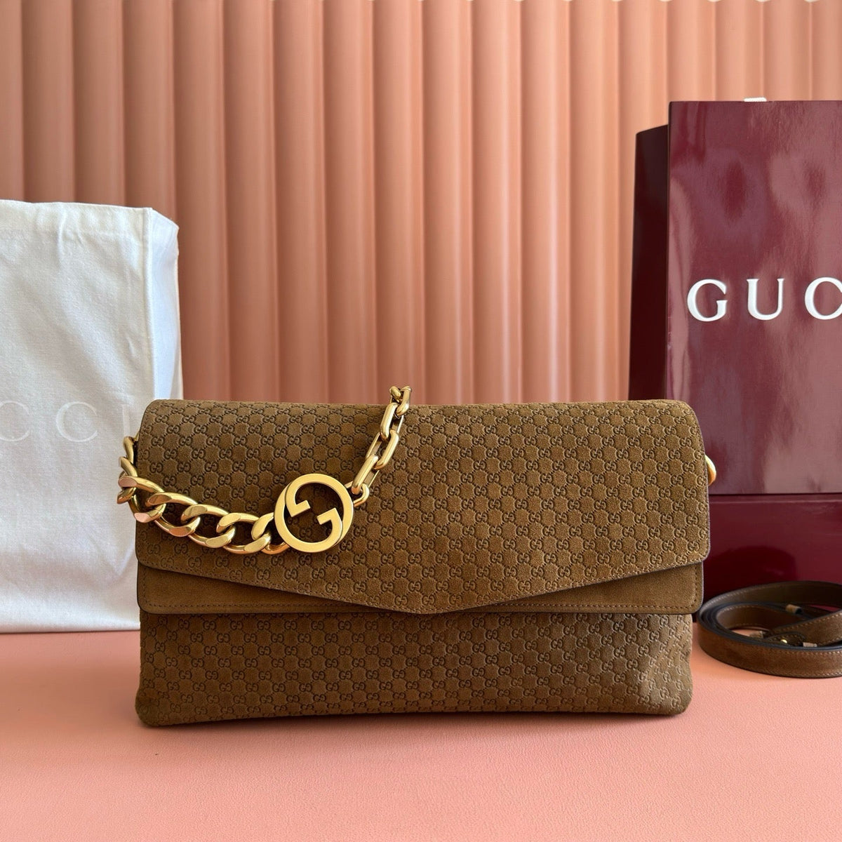 Gi Large GG Chain Shoulder Bag Brown Suede