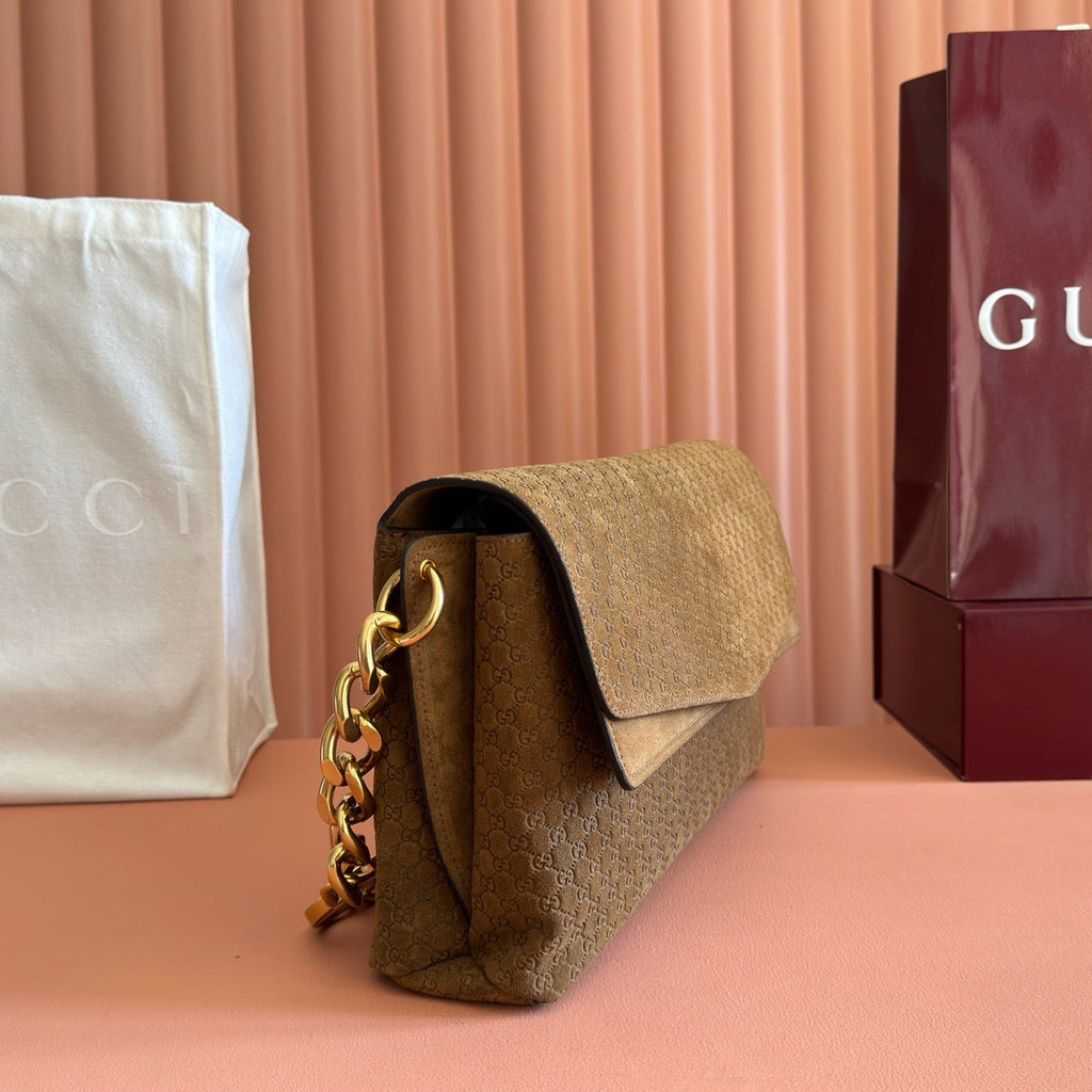 Gi Large GG Chain Shoulder Bag Brown Suede