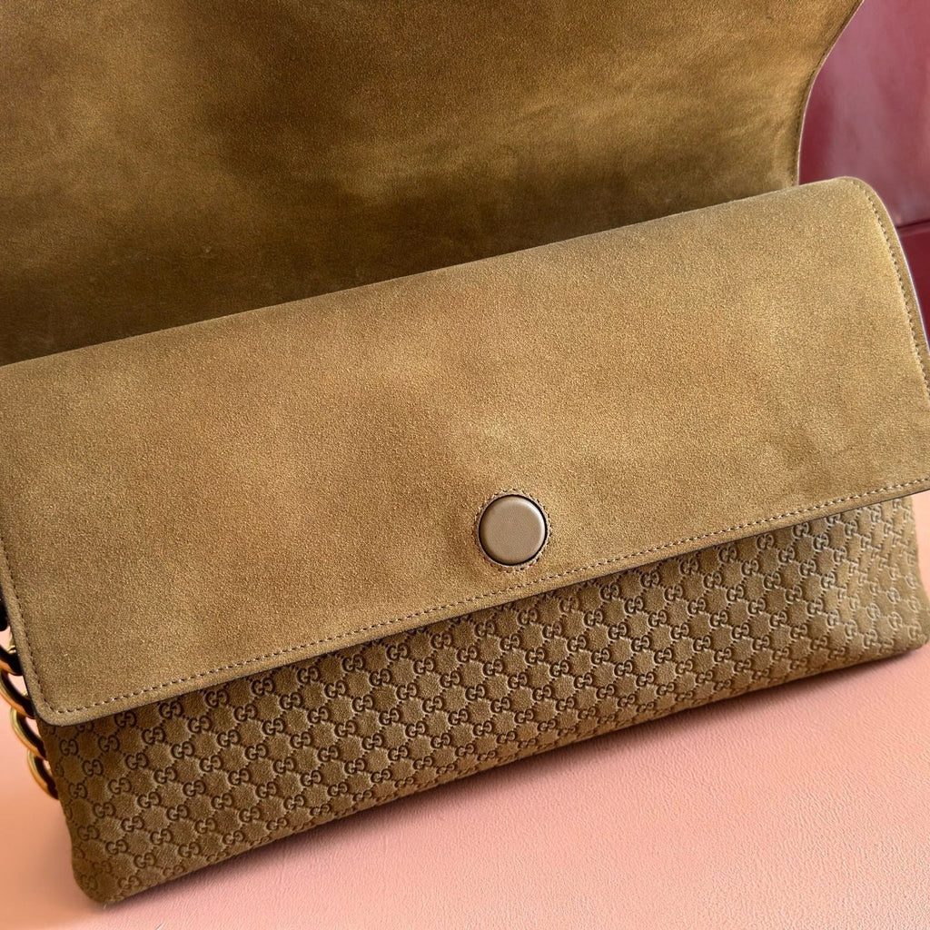 Gi Large GG Chain Shoulder Bag Brown Suede