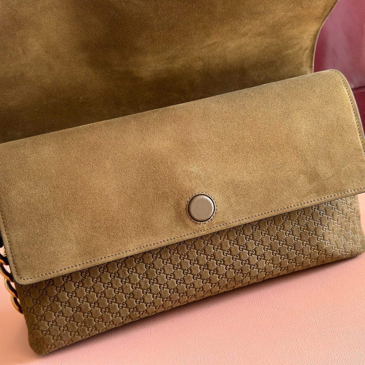 Gi Large GG Chain Shoulder Bag Brown Suede