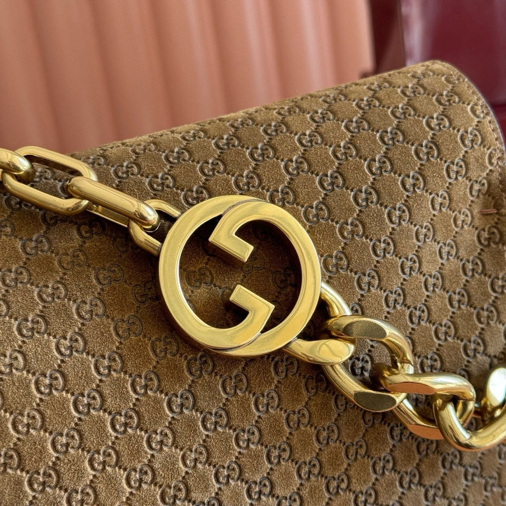 Gi Large GG Chain Shoulder Bag Brown Suede