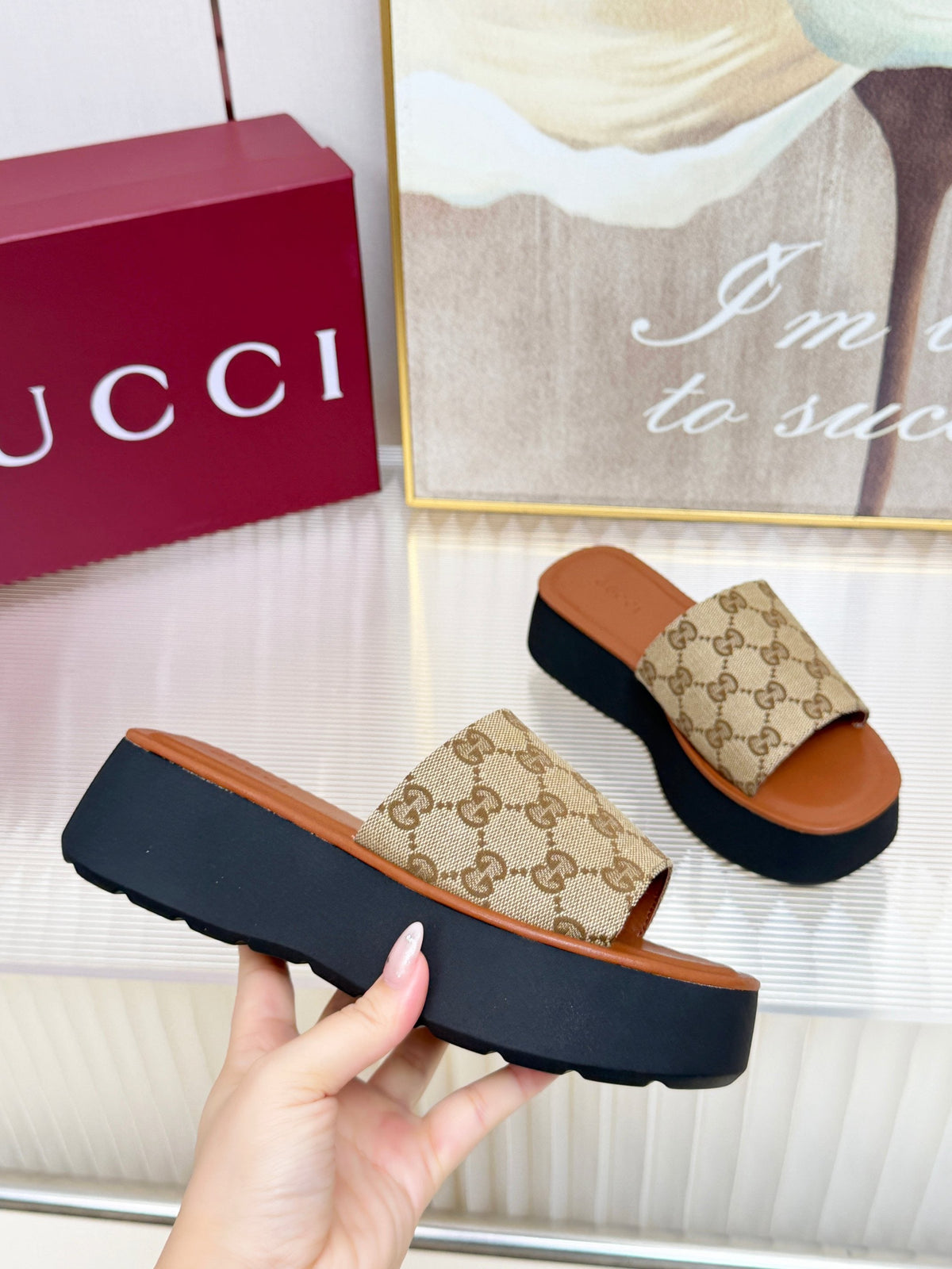 Gi 26s Flatform Slide Sandal Beige Dark Brown Canvas Leather