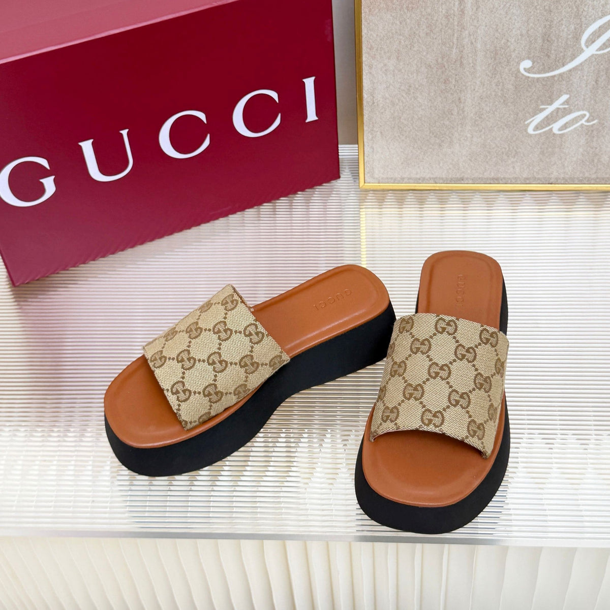 Gi 26s Flatform Slide Sandal Beige Dark Brown Canvas Leather