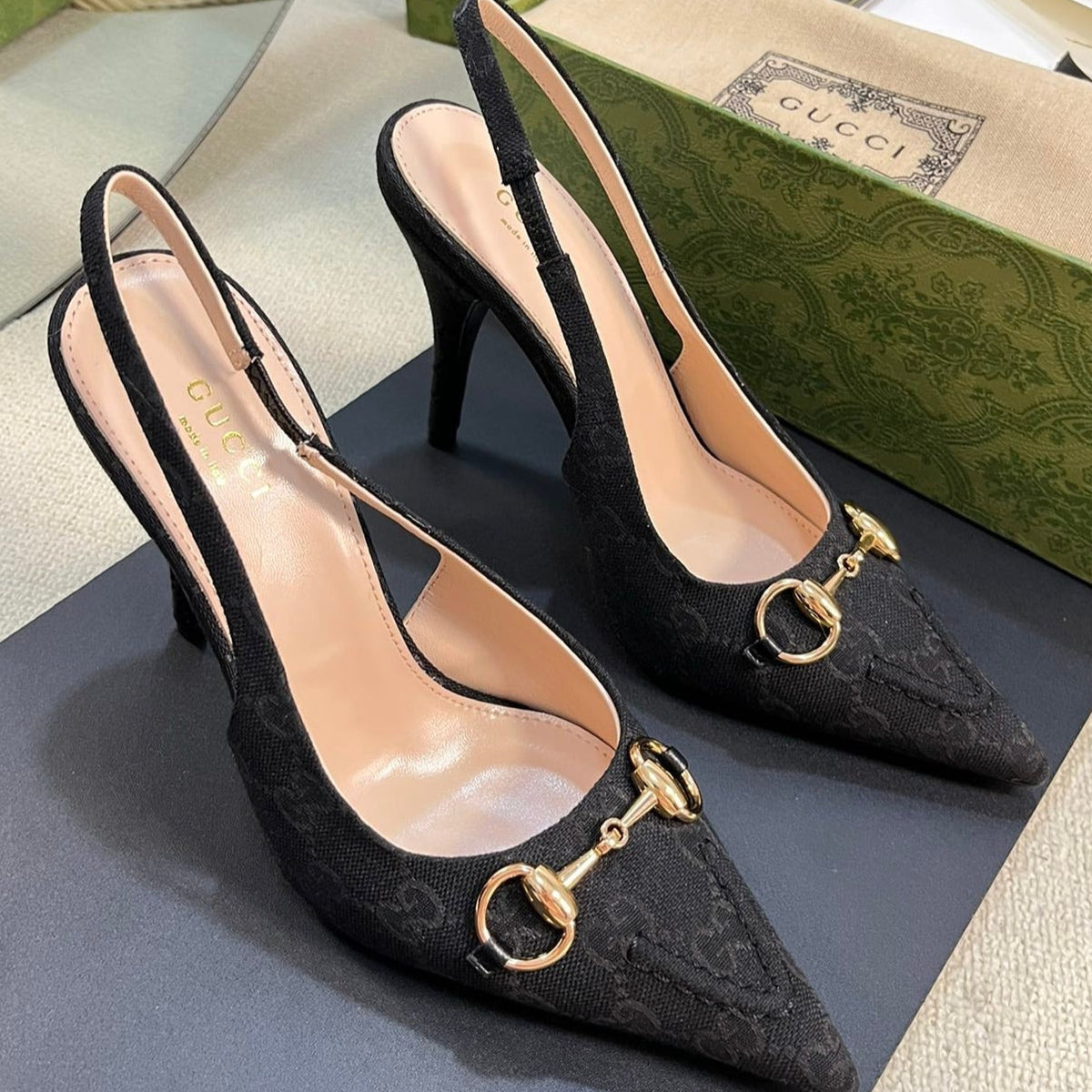 GC Horsebit Slingback Pump 100mm Canvas Sheepskin