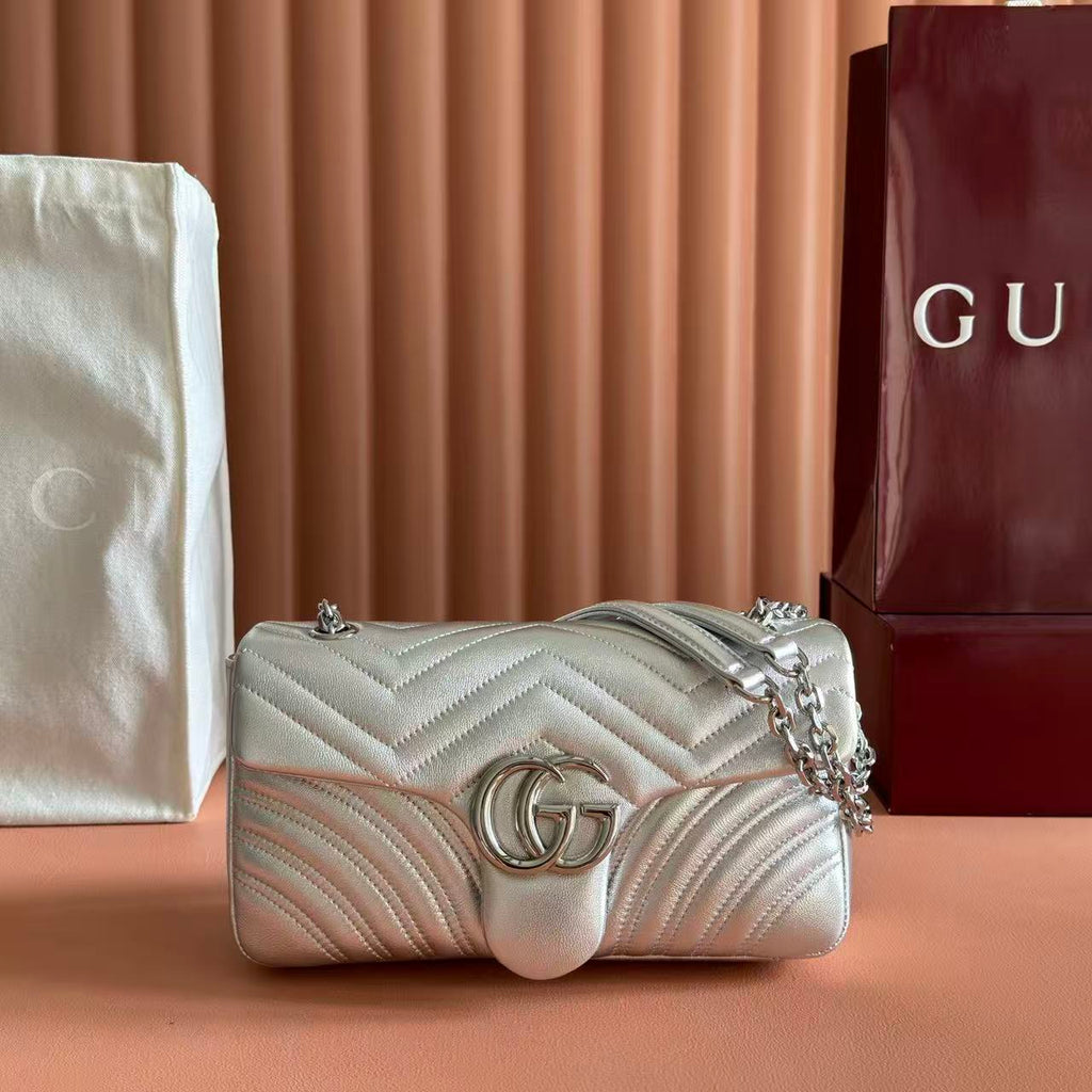 Gi Marmont Small Shoulder Bag Metallic Silver Leather