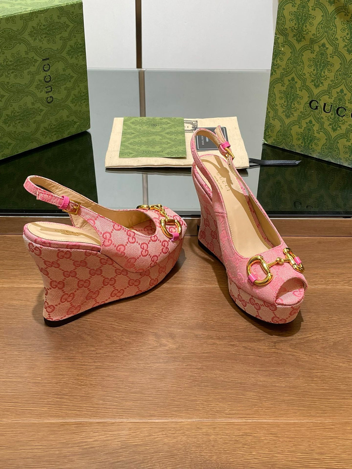 Gi WEDGE PLATFORM IN CAMEL BROWN MONOGRAM JACQUARD FABRIC