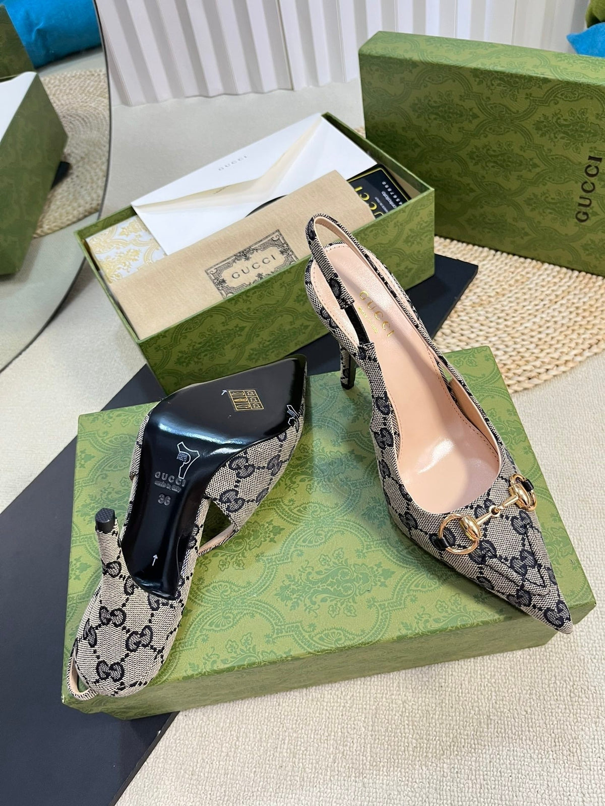 GC Horsebit Slingback Pump 100mm Canvas Sheepskin