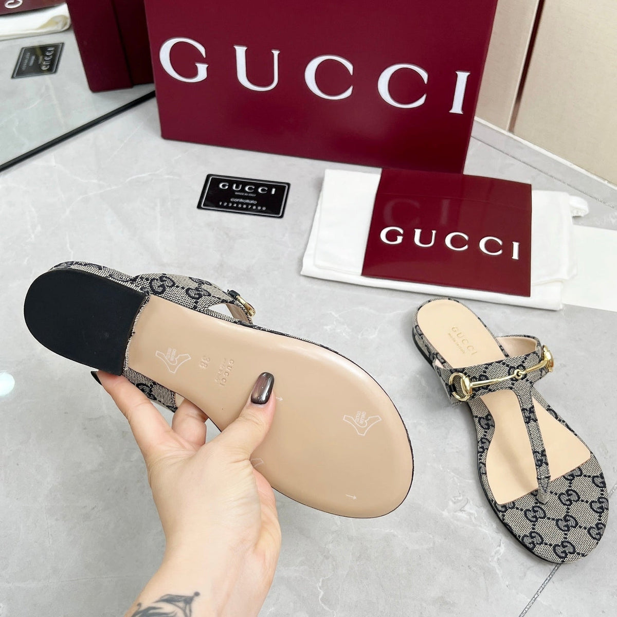 GC Horsebit Thong Sandals Canvas Leather