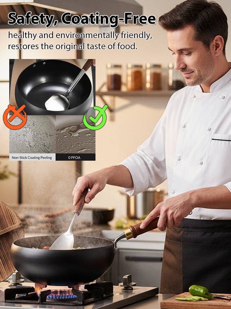 【Japanese Handcrafted 🛡️ with lid】Heirloom Quality Iron Wok 🇯🇵 | 100% PFOS Free Zero Coating | Lifetime Durable 🍳🪶