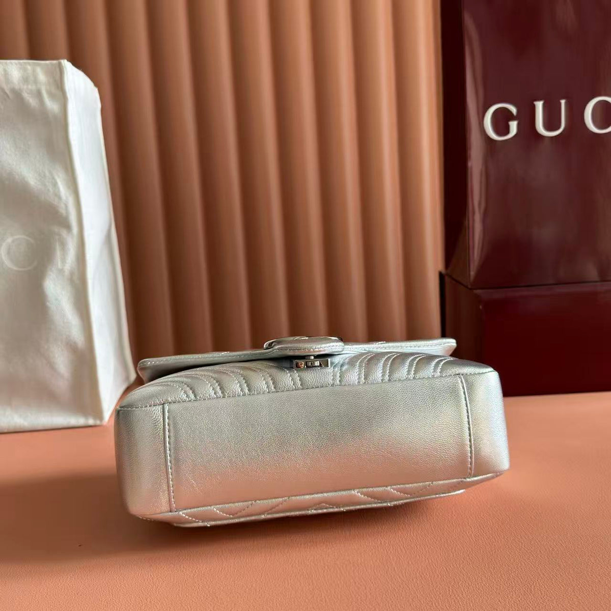 Gi Marmont Small Shoulder Bag Metallic Silver Leather