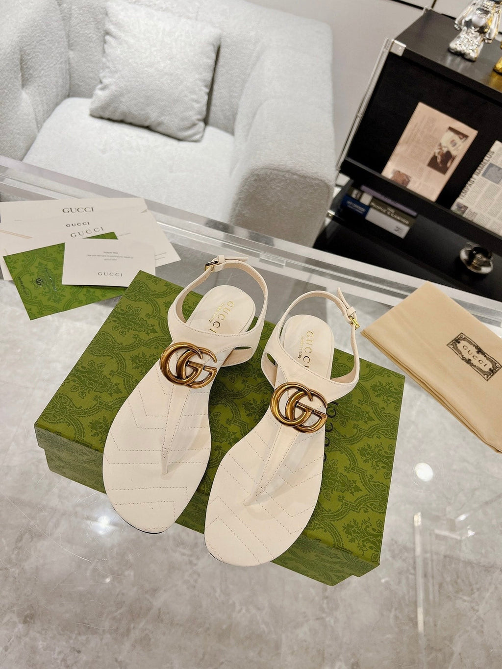 GC Double G Block Heel Thong Sandals Leather