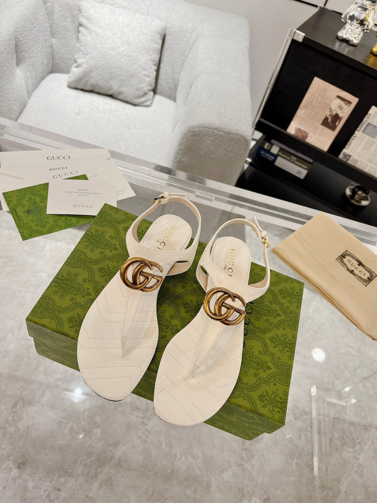 GC Double G Block Heel Thong Sandals Leather