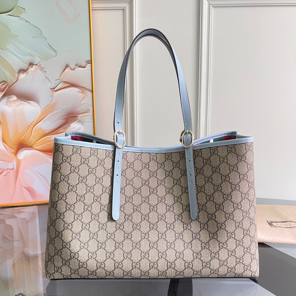 Gi Emblem Maxi Tote Bag Beige Monogram Coated Fabric