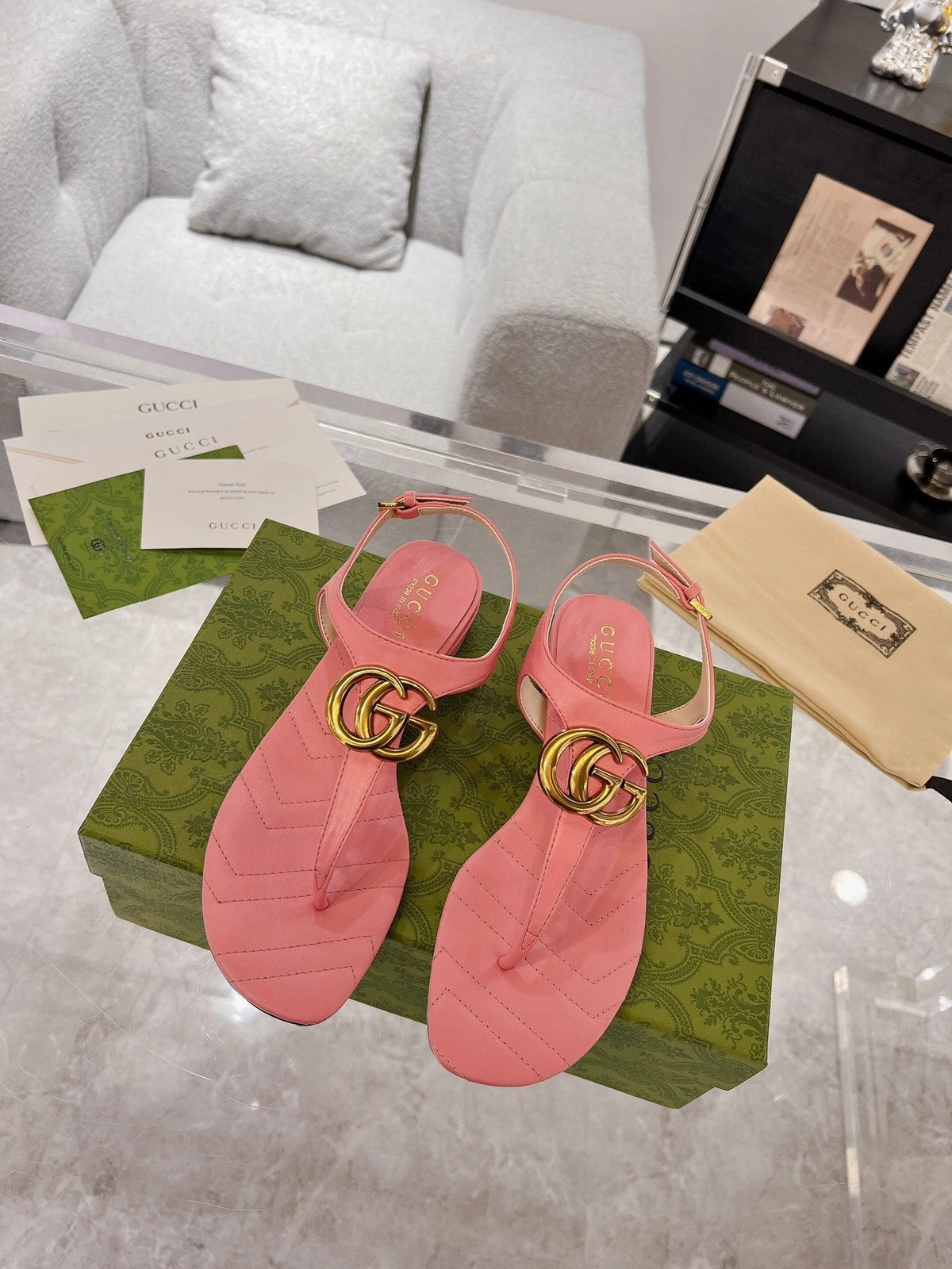 GC Double G Block Heel Thong Sandals Leather