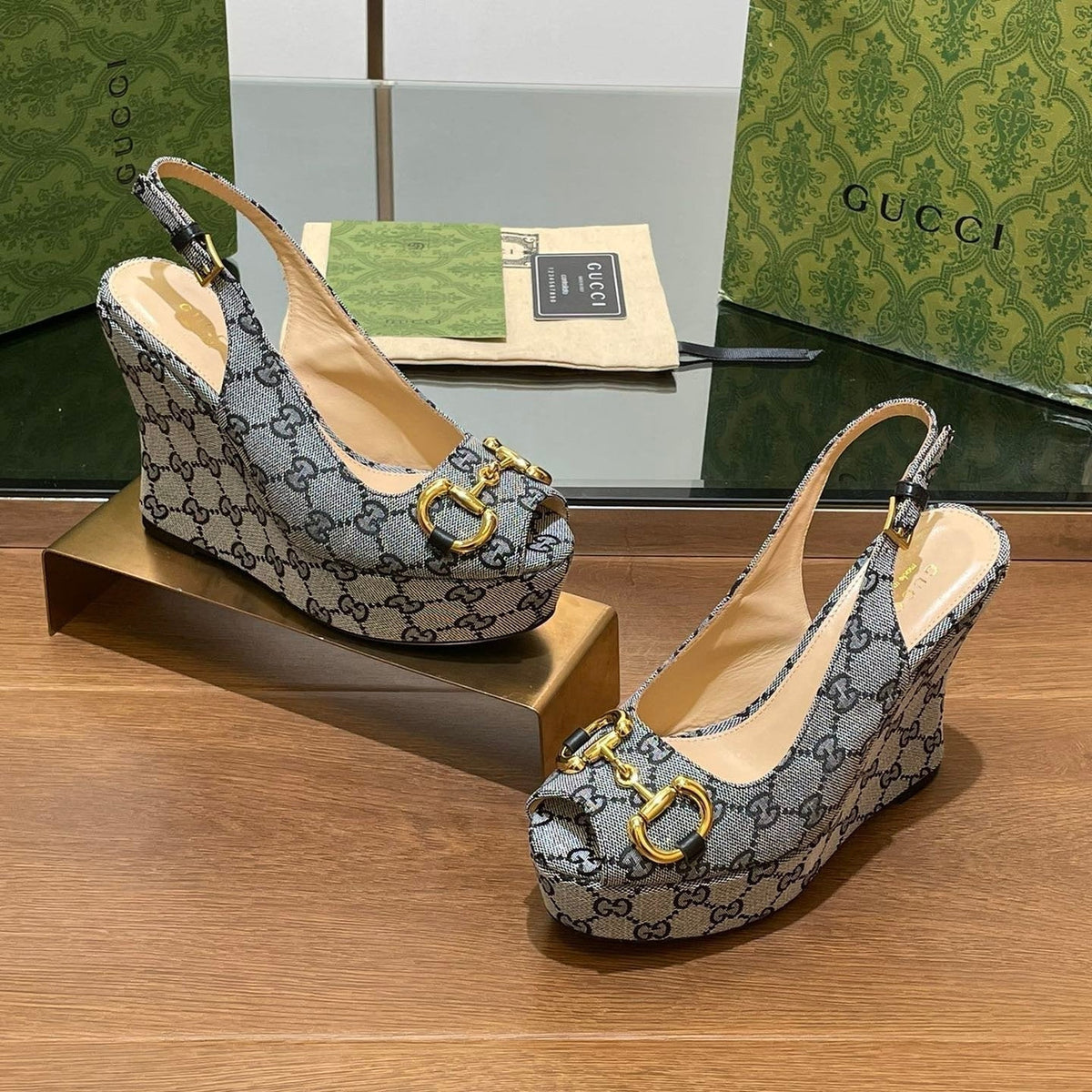 Gi WEDGE PLATFORM IN CAMEL BROWN MONOGRAM JACQUARD FABRIC