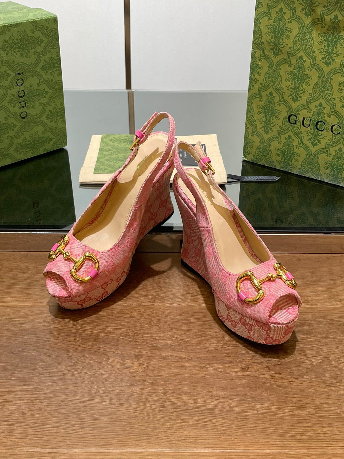 Gi WEDGE PLATFORM IN CAMEL BROWN MONOGRAM JACQUARD FABRIC