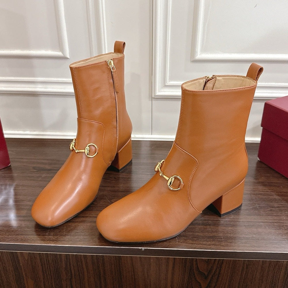 Gi Horsebit Chunky Heel Ankle Boots With Calfskin
