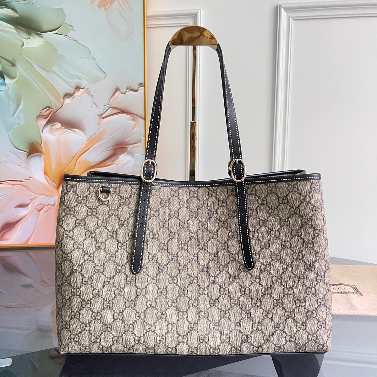 Gi Emblem Maxi Tote Bag Beige Monogram Coated Fabric