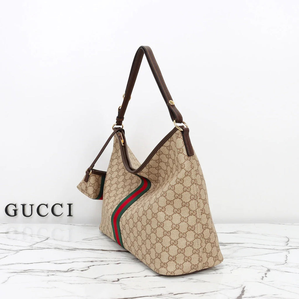 Gi 2026 Large Shoulder Bag With Web 40cm Sand mix Brown Canvas Leather
