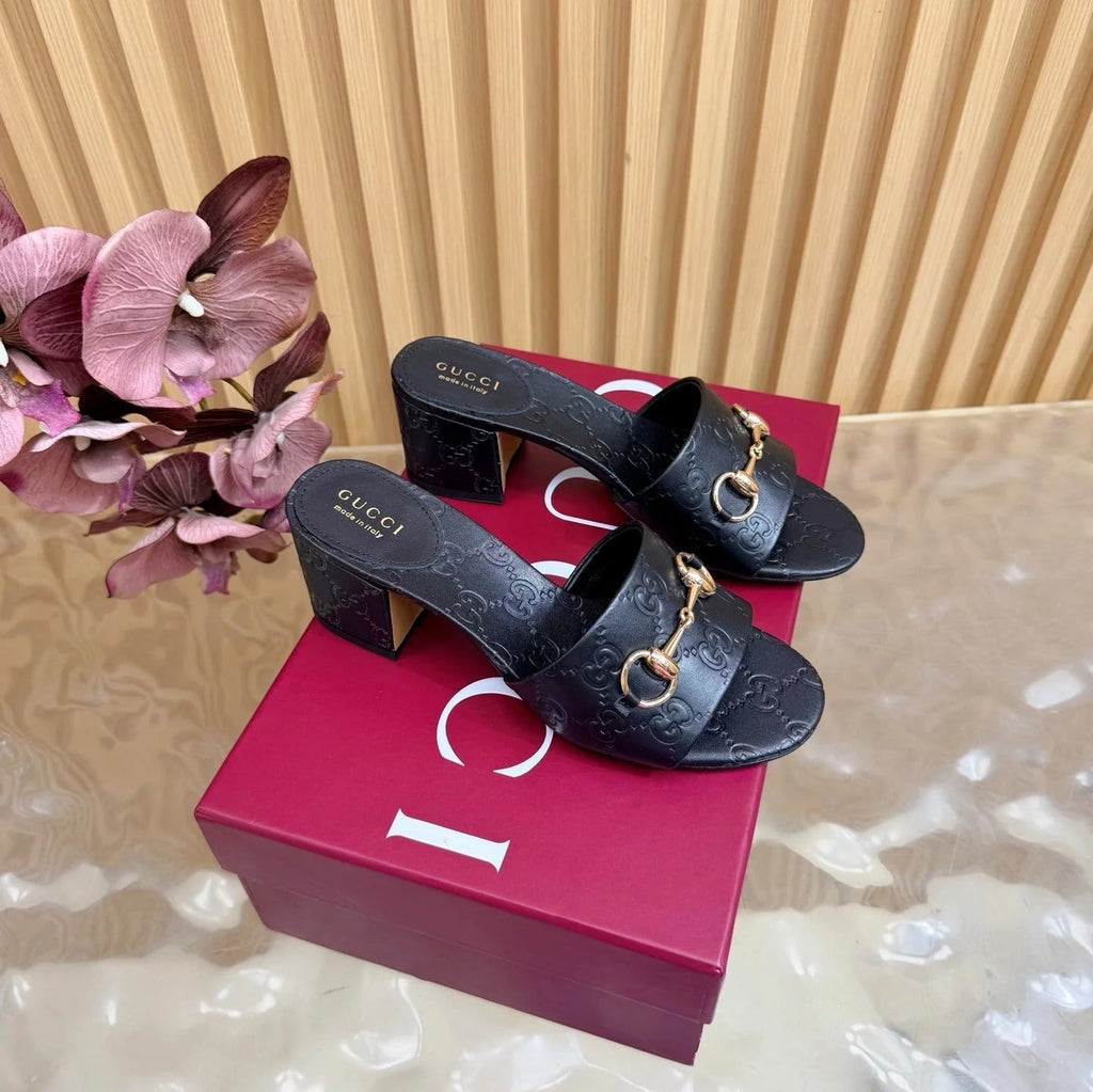 Gi 26ss Chunky Heel Sandals 55 Cowhide Double G Embossed
