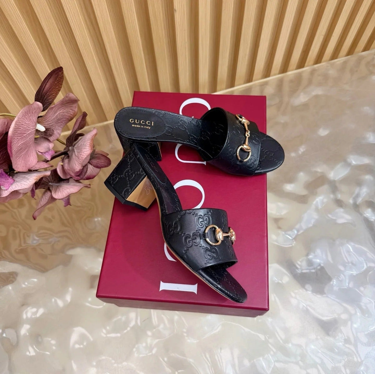 Gi 26ss Chunky Heel Sandals 55 Cowhide Double G Embossed