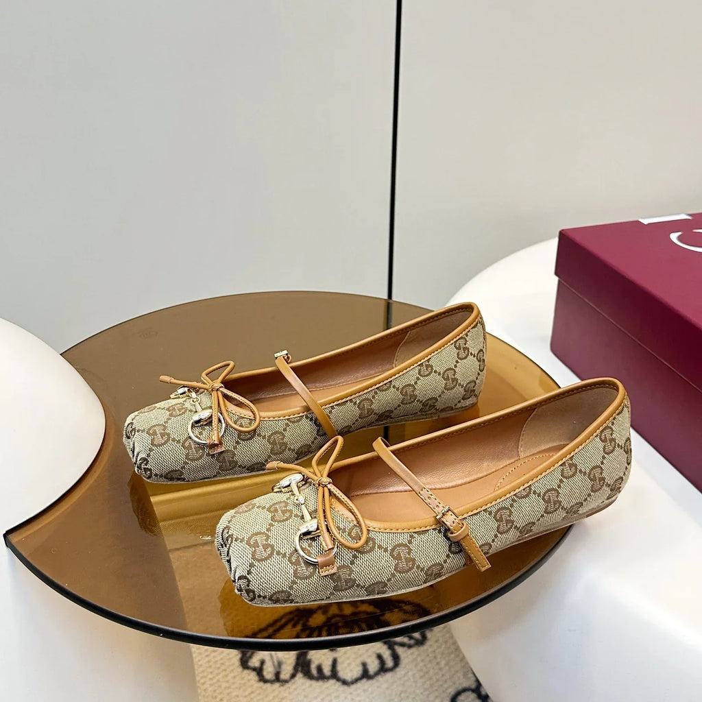 Gi 26SS Ballet Flats Beige Brown Monogram Fabric Sheepskin 645710