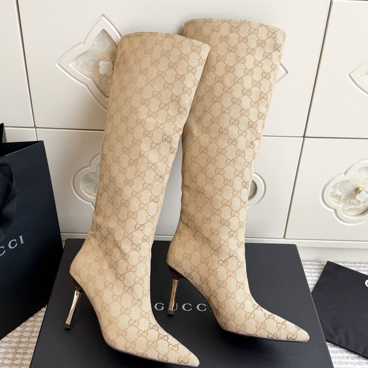 Gi 26s Knee High Boots 8.5cm Beige GG Canvas 122057