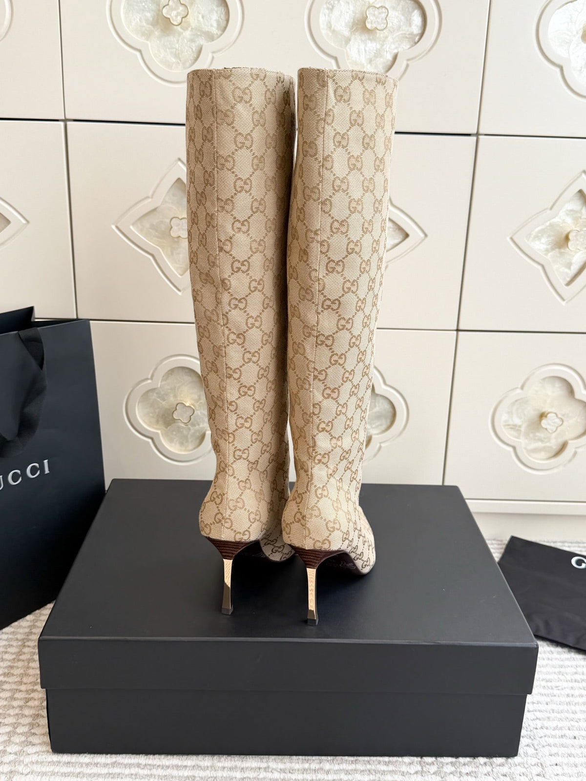 Gi 26s Knee High Boots 8.5cm Beige GG Canvas 122057