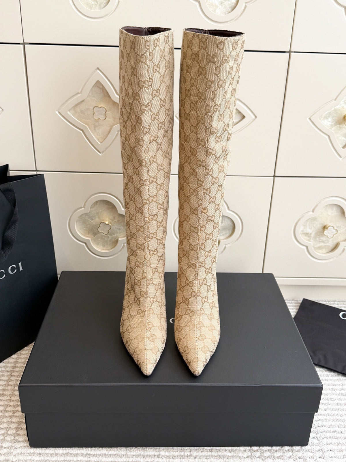 Gi 26s Knee High Boots 8.5cm Beige GG Canvas 122057