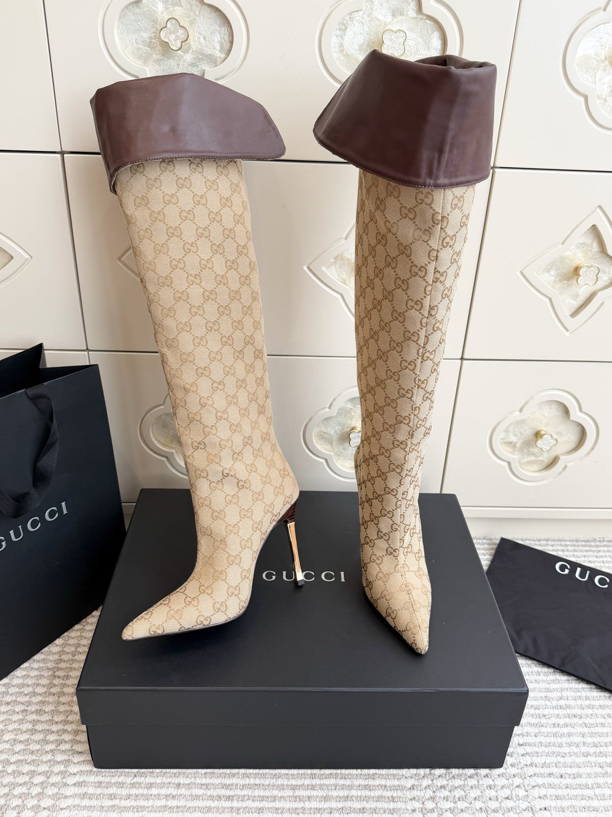 Gi 26s Over The Knee Boots 8.5cm Beige Brown GG Canvas Leather 122058