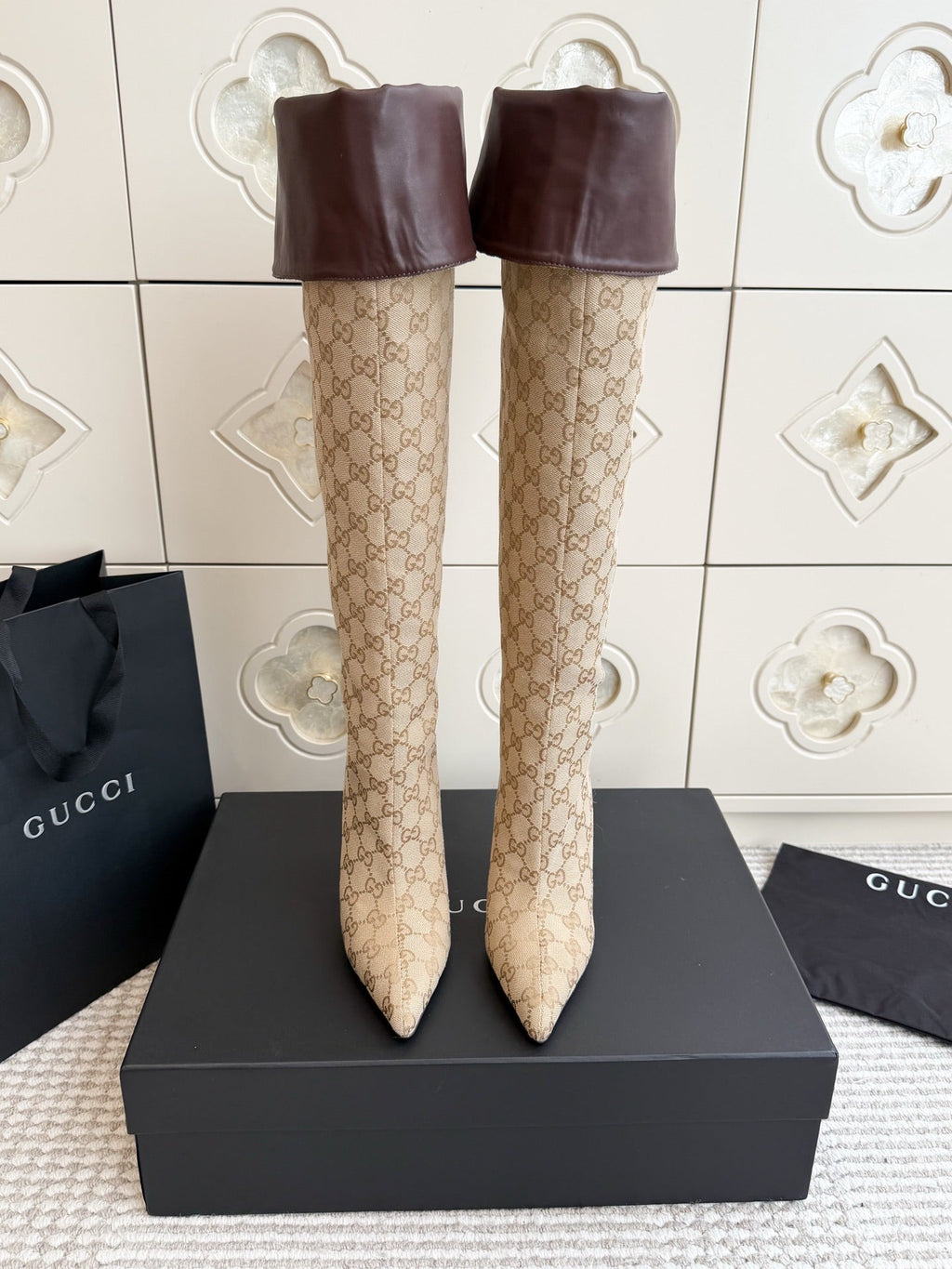 Gi 26s Over The Knee Boots 8.5cm Beige Brown GG Canvas Leather 122058