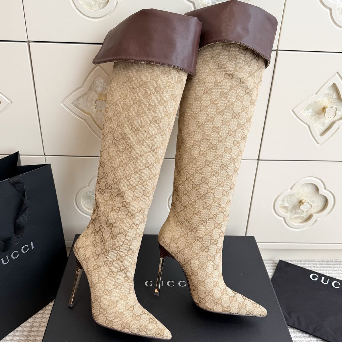Gi 26s Over The Knee Boots 8.5cm Beige Brown GG Canvas Leather 122058