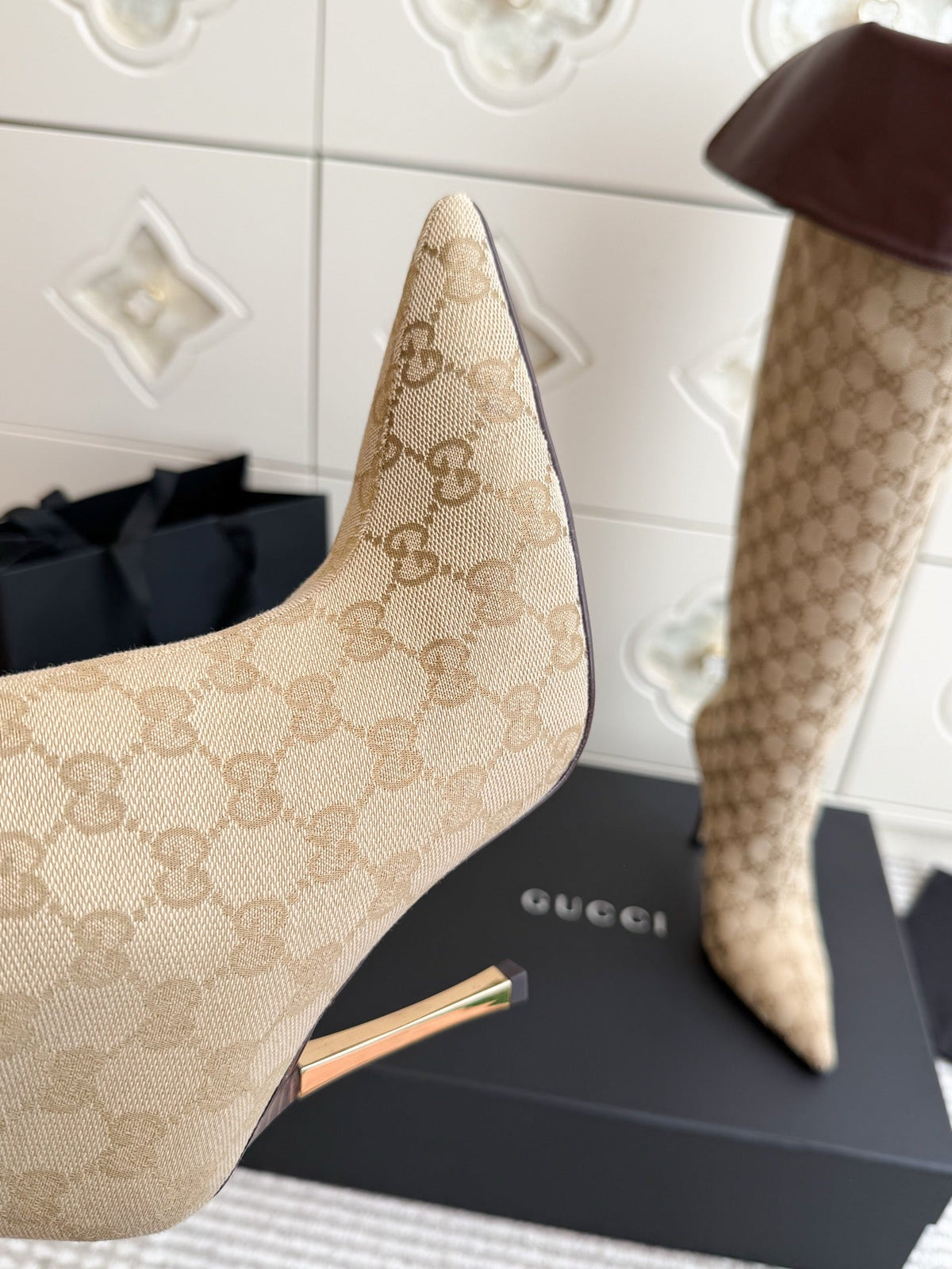 Gi 26s Over The Knee Boots 8.5cm Beige Brown GG Canvas Leather 122058