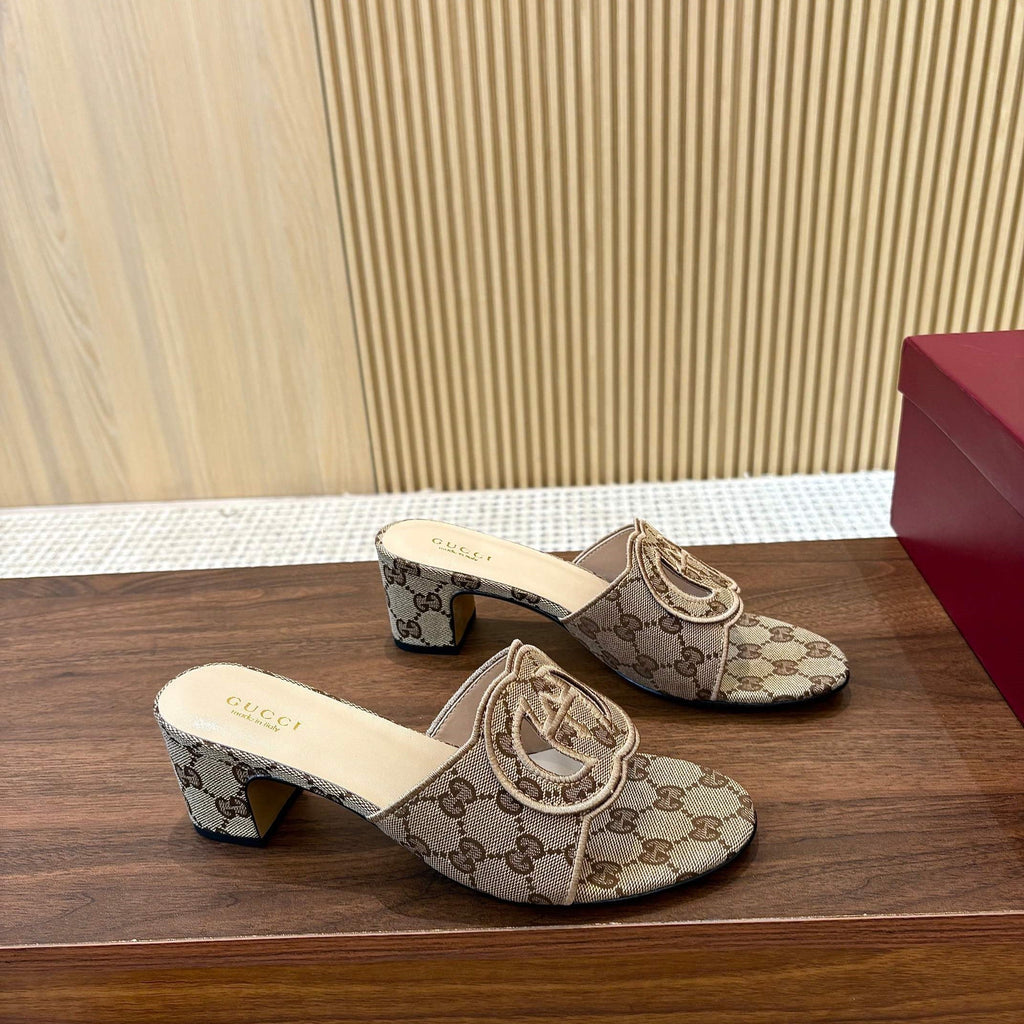 Gi Interlocking G Cutout Sandals 5.5cm Khahi Beige Sheepskin Canvas 646500