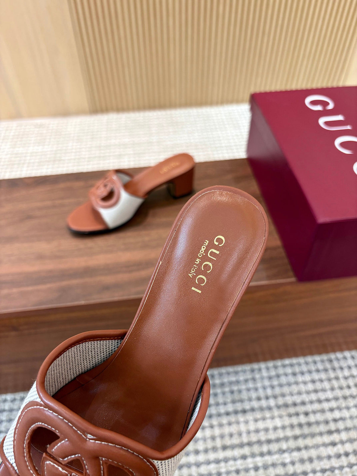 Gi Interlocking G Cutout Sandals 5.5cm Brown Sheepskin Mesh 646494