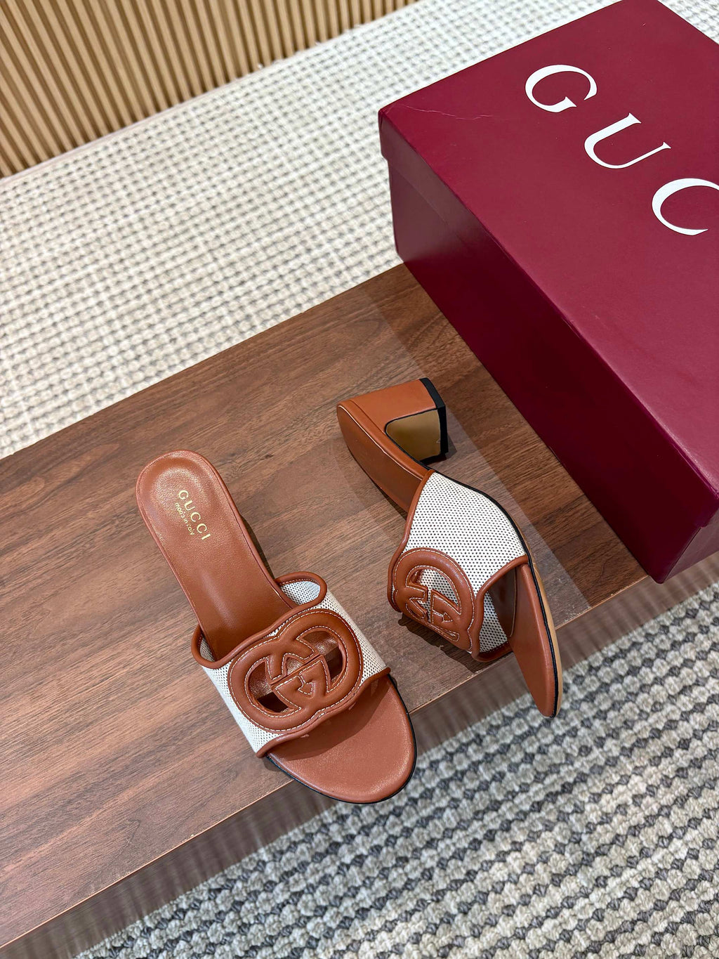 Gi Interlocking G Cutout Sandals 5.5cm Brown Sheepskin Mesh 646494