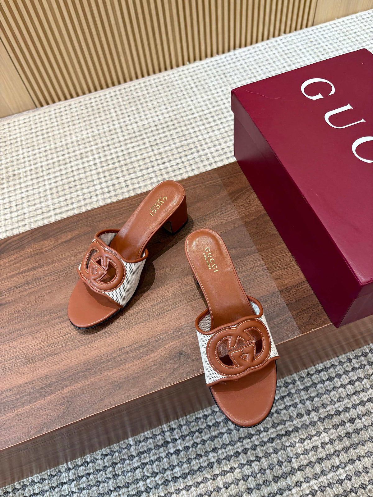 Gi Interlocking G Cutout Sandals 5.5cm Brown Sheepskin Mesh 646494